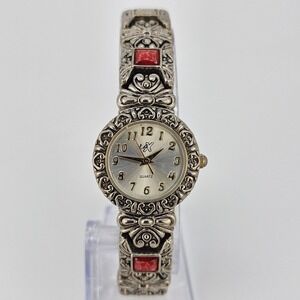 LaX Watch Women 25MM Bronze Tone Dial Bracelet Red Stones 7" Wrist New Battery